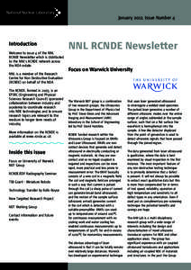January 2012, Issue Number 4  Introduction Welcome to issue 4 of the NNL RCNDE Newsletter which is distributed to the NNL’s RCNDE network across