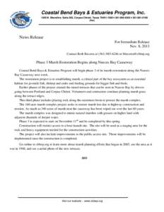 Coastal Bend Bays & Estuaries Program, Inc[removed]N. Shoreline, Suite 205, Corpus Christi, Texas[removed] • [removed] • [removed]fax) News Release For Immediate Release