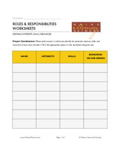 Community:  ROLES & RESPONSIBILITIES WORKSHEETS DEFINING INTERESTS, SKILLS, RESOURCES Project Coordinators: Please lead a session in which you identify the particular interests, skills, and