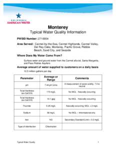 Monterey Typical Water Quality Information PWSID Number: [removed]Area Served: Carmel-by-the-Sea, Carmel Highlands, Carmel Valley, Del Rey Oaks, Monterey, Pacific Grove, Pebble Beach, Sand City, and Seaside