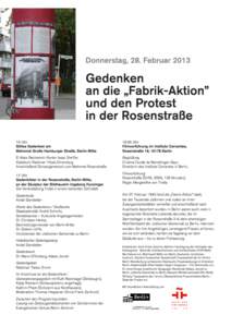 Donnerstag, 28. FebruarGedenken an die „Fabrik-Aktion” und den Protest in der Rosenstraße