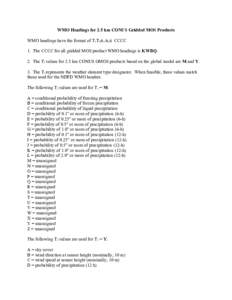 WMO Headings for 2.5 km CONUS Gridded MOS Products WMO headings have the format of T1T2A1A2ii CCCC 1. The CCCC for all gridded MOS product WMO headings is KWBQ. 2. The T1 values for 2.5 km CONUS GMOS products based on th