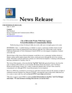 News Release FOR IMMEDIATE RELEASE: June 11, 2015 Contact: Phil Pitchford Intergovernmental and Communications Officer