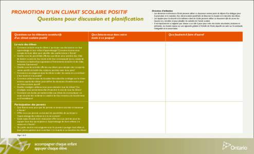 PROMOTION D’UN CLIMAT SCOLAIRE POSITIF  Questions pour discussion et planification Questions sur les éléments constitutifs d’un climat scolaire positif La voix des élèves