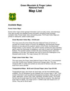 Green Mountain & Finger Lakes National Forest Map List  Available Maps: