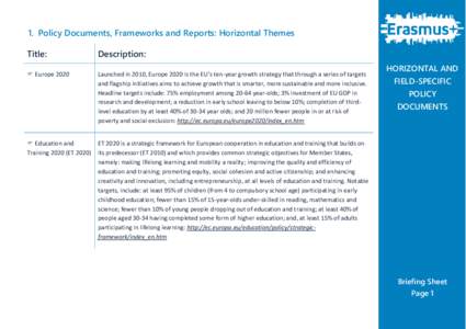 1. Policy Documents, Frameworks and Reports: Horizontal Themes Title: Description:   Europe 2020