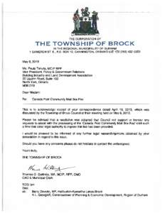 THE CORPORATION OF  THE TOWNSHIP OF BROCK IN THE REGIONAL MUNICIPALITY OF DURHAM 1 CAMERON ST. E., RO. BOX 10, CANNINGTON, ONTARIO L0E lEO[removed]May 8,2013