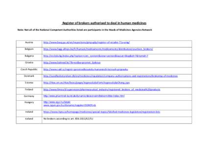 Register of brokers authorised to deal in human medicines Note: Not all of the National Competent Authorities listed are participants in the Heads of Medicines Agencies Network Austria  http://www.basg.gv.at/en/inspectio