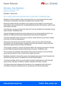 News Release Minister Zoe Bettison Minister for Multicultural Affairs Minister for Volunteers Wednesday, 11 February, 2015