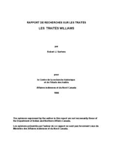 RAPPORT DE RECHERCHES SUR LES TRAITÉS  LES TRAITÉS WILLIAMS par Robert J. Surtees