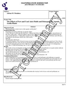 CALIFORNIA STATE SCIENCE FAIR 2014 PROJECT SUMMARY Name(s)  Project Number