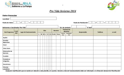 1  Pro Vida Invierno 2014 Datos Generales Localidad Fecha de inicio: