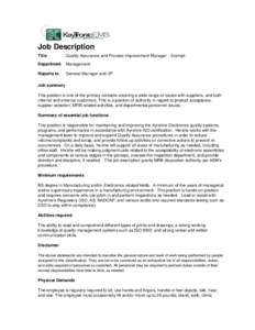 Job Description Title Quality Assurance and Process Improvement Manager - Exempt  Department