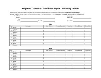 Knights of Columbus - Free Throw Report - Advancing to State Regional Chairmen, please fill out this form immediately after your regional competition and mail the original to State Contest Director Doug Mergen, 309 Greys