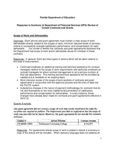 Florida Department of Education  Response to Summary of Department of Financial Services (DFS) Review of Certain Contracts and Grants  Scope of Work and Deliverables