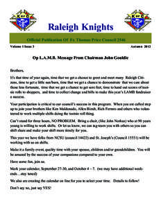 Raleigh Knights Official Publication Of Fr. Thomas Price Council 2546 Volume 1 Issue 3 Autumn 2012