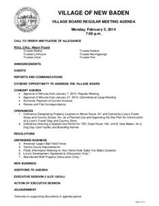 VILLAGE OF NEW BADEN VILLAGE BOARD REGULAR MEETING AGENDA Monday, February 3, 2014 7:00 p.m. CALL TO ORDER AND PLEDGE OF ALLEGIANCE ROLL CALL: Mayor Picard