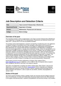 Job Description and Selection Criteria Post Tasso Leventis Professorship of Biodiversity  Department/Faculty