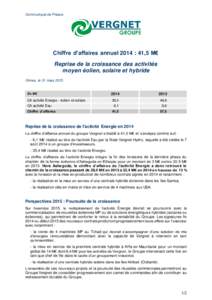 Communiqué de Presse  Chiffre d’affaires annuel 2014 : 41,5 M€ Reprise de la croissance des activités moyen éolien, solaire et hybride Ormes, le 31 mars 2015