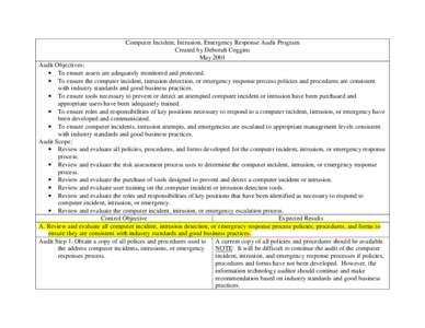 Computer Incident, Intrusion, Emergency Response Audit Program Created by Deborah Coggins May 2001 Audit Objectives: • To ensure assets are adequately monitored and protected.