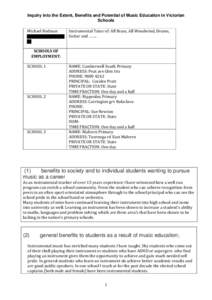 Inquiry into the Extent, Benefits and Potential of Music Education in Victorian Schools Michael Redman Instrumental Tutor of: All Brass, All Woodwind, Drums, Guitar and ……..