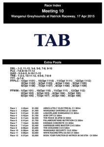 Race Index  Meeting 10 Wanganui Greyhounds at Hatrick Raceway, 17 AprExtra Pools