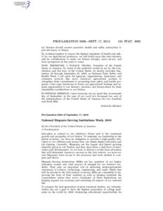 PROCLAMATION 8566—SEPT. 17, [removed]STAT[removed]ice farmers should receive proactive health and safety instruction to prevent injury or illness.