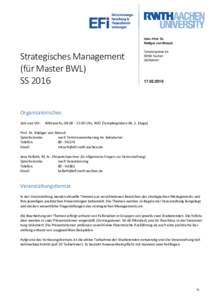 Univ.-Prof. Dr. Rüdiger von Nitzsch Strategisches Management (für Master BWL) SS 2016