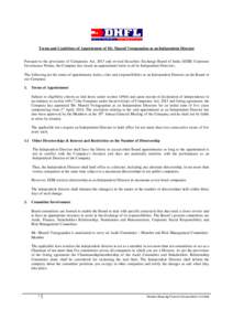 Terms and Conditions of Appointment of Mr. Mannil Venugopalan as an Independent Director  Pursuant to the provisions of Companies Act, 2013 and revised Securities Exchange Board of India (SEBI) Corporate Governance Norms