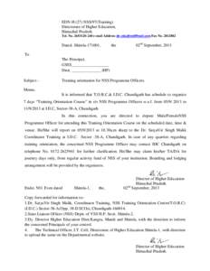 EDN-H H (27) NSS/97(Training) Directorate of Higher Education, Himachal Pradesh. Tel. No[removed]-240 e-mail Address [removed] Fax No[removed]