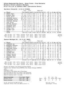 Official Basketball Box Score -- Game Totals -- Final Statistics Northern Illinois vs Eastern Michigan[removed]p.m. at Ypsilanti, Mich. (Convocation Center)
