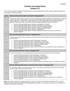 Fall[removed]Grammar and Usage Rubric Grades 9-12 In their writing, students will apply the Standard English conventions defined in the 2014 Indiana Academic Standards for their grade and all previous grades.