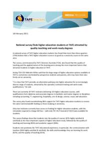 18 February[removed]National survey finds higher education students at TAFE attracted by quality teaching and work-ready degrees A national survey of TAFE higher education students has found that more than three-quarters (