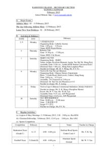 RAIMONDI COLLEGE – SECONDARY SECTION SCHOOL CALENDAR February 2015 School Website: http: // www.raimondi.edu.hk A.