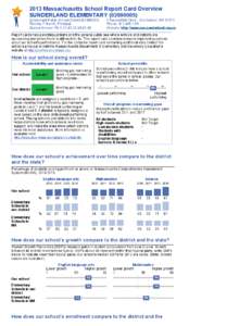 2013 Massachusetts School Report Card Overview SUNDERLAND ELEMENTARY[removed]Sunderland Public School District[removed]Timothy P Merritt, Principal Grades Served: PK,K,01,02,03,04,05,06