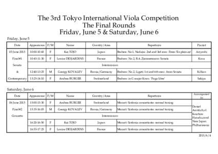 The 3rd Tokyo International Viola Competition The Final Rounds Friday, June 5 & Saturday, June 6 Friday, June 5 Date