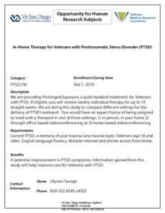 Opportunity for Human Research Subjects In-Home Therapy for Veterans with Posttraumatic Stress Disorder (PTSD)  Category