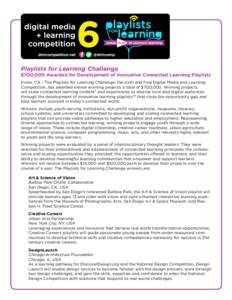 Playlists for Learning Challenge  $700,000 Awarded for Development of Innovative Connected Learning Playlists Irvine, CA – The Playlists for Learning Challenge, the sixth and final Digital Media and Learning Competitio