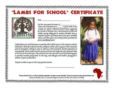 “Lambs for School” Certificate Dear ____________________________ On this very special occasion of _______________,