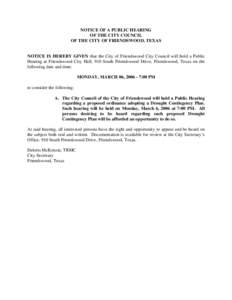TITLE:  An ordinance adopting a drought contingency plan for the City of Friendswood