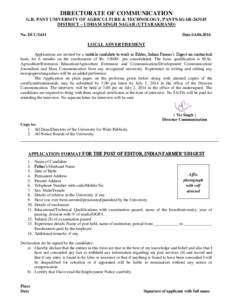 DIRECTORATE OF COMMUNICATION G.B. PANT UNIVERSITY OF AGRICULTURE & TECHNOLOGY, PANTNAGAR[removed]DISTRICT – UDHAM SINGH NAGAR (UTTARAKHAND) No. DCC[removed]Date:[removed]