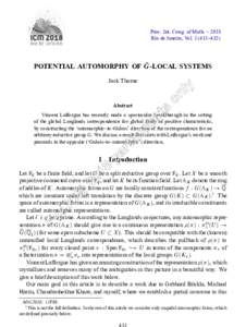 Proc. Int. Cong. of Math. – 2018 Rio de Janeiro, Vol–432) b -LOCAL SYSTEMS POTENTIAL AUTOMORPHY OF G Jack Thorne