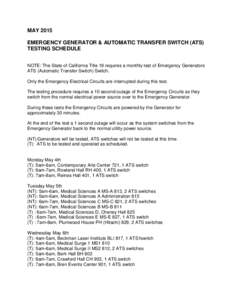 MAY 2015 EMERGENCY GENERATOR & AUTOMATIC TRANSFER SWITCH (ATS) TESTING SCHEDULE NOTE: The State of California Title 19 requires a monthly test of Emergency Generators ATS (Automatic Transfer Switch) Switch. Only the Emer