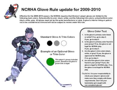 NCRHA Glove Rule update forEffective for theseason, the NCRHA requires that Division I player gloves are limited to the following main colors: School/uniform color, black, white; and the following t