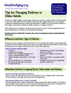 HealthinAging.org Tips for Managing Delirium in Older Adults Expert information from Healthcare