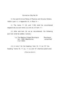 Correction Slip No.24 In the said Criminal Rules of Practice and Circular Orders, 1958 in part II, in Appendix XI, in Rule III – (i) The items 11 (A) and 11(B) shall be renumbered respectively as sub-items (a) and (b) 