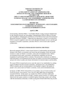 WRITTEN TESTIMONY OF STEPHEN B. BRANDT ACTING DEPUTY ASSISTANT ADMINISTRATOR OFFICE OF OCEANIC AND ATMOSPERIC RESEARCH AND DIRECTOR GREAT LAKES ENVIRONMENTAL RESEARCH LABORATORY