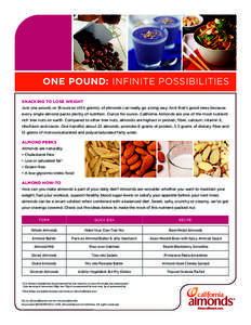 ONE POUND: INFINITE POSSIBILITIES SNACKING TO LOSE WEIGHT Just one pound, or 16 ounces (454 grams), of almonds can really go a long way. And that’s good news because every single almond packs plenty of nutrition. Ounce