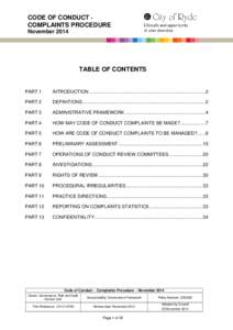 CODE OF CONDUCT COMPLAINTS PROCEDURE November 2014 TABLE OF CONTENTS  PART 1
