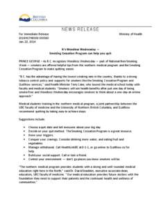 NEWS RELEASE For Immediate Release 2014HLTH0008[removed]Jan. 22, 2014  Ministry of Health